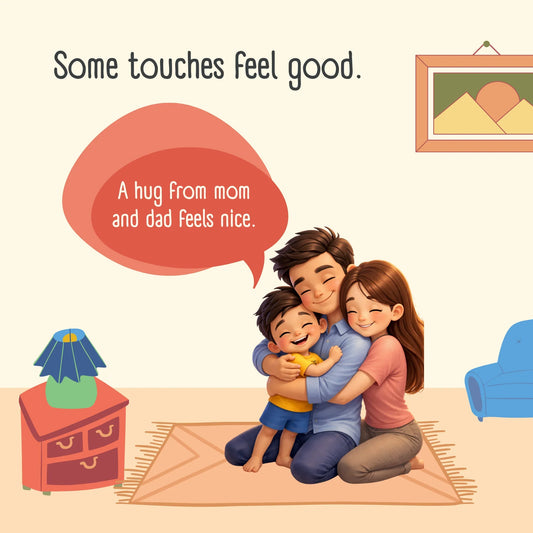 Cute cartoon family hug, parents and child smiling on living room rug, warm gentle lighting