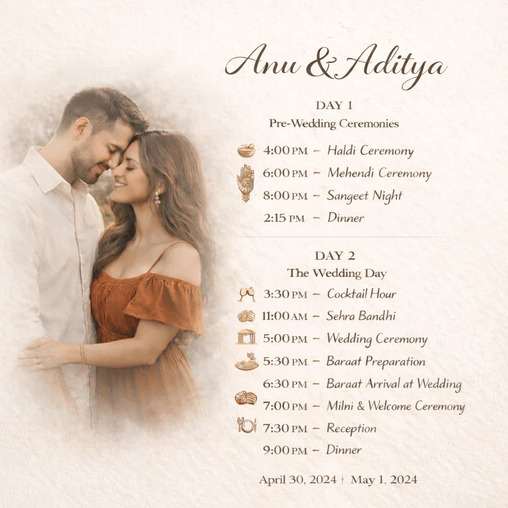 Elegant wedding itinerary card with couple, showcasing Anu & Aditya's pre-wedding and wedding events, White Pebble style.