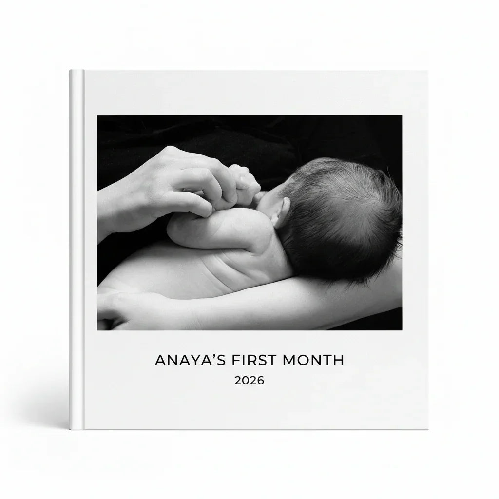 Personalized baby journal photobook with black and white cover of infant and parent, White Pebble