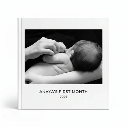 Personalized baby journal photobook with black and white cover of infant and parent, White Pebble