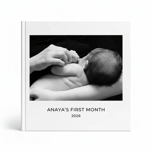 Personalized baby journal photobook with black and white cover of infant and parent, White Pebble