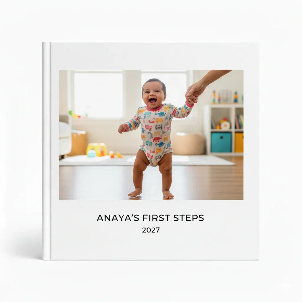 Custom baby photobook cover featuring a smiling baby taking first steps, White Pebble keepsake album.