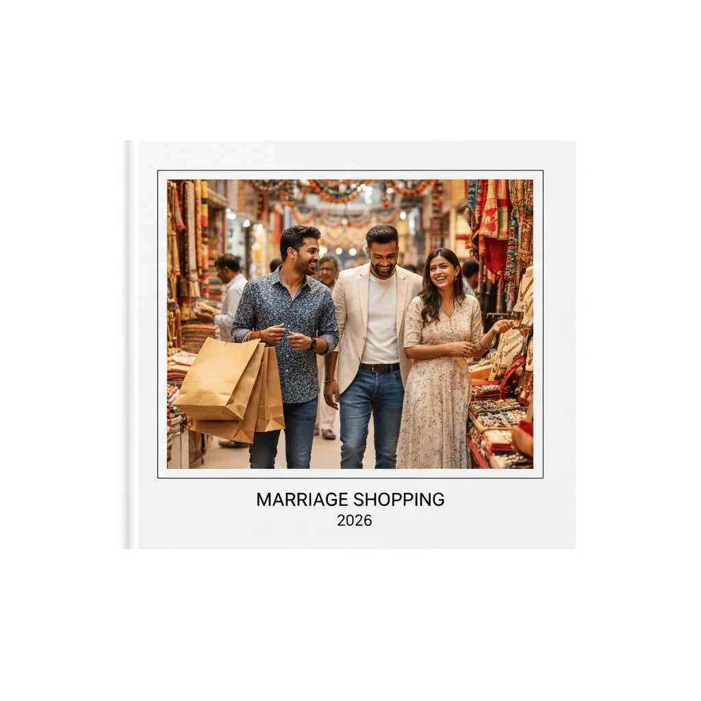 Custom photo book cover with three people shopping in an Indian market, labeled Marriage Shopping 2026