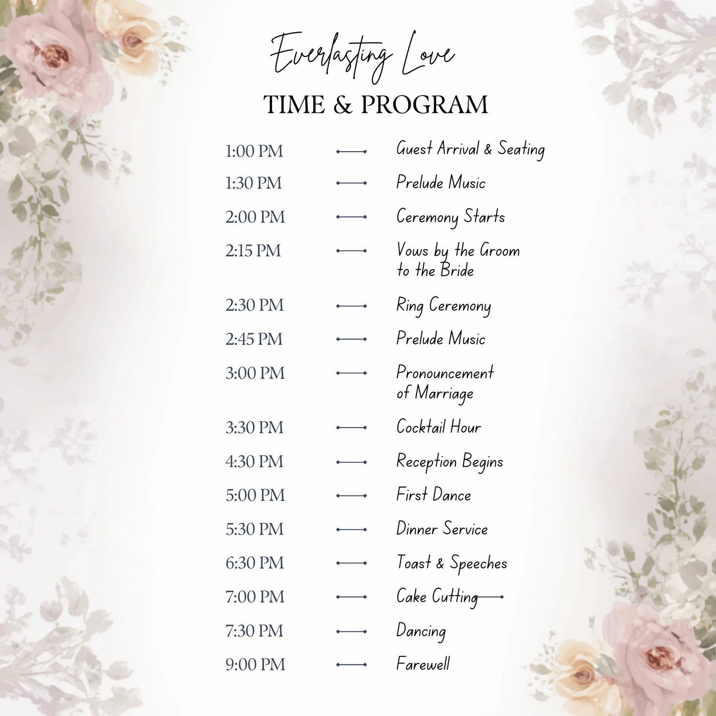 Elegant wedding itinerary with floral border, featuring ceremony and reception events, White Pebble