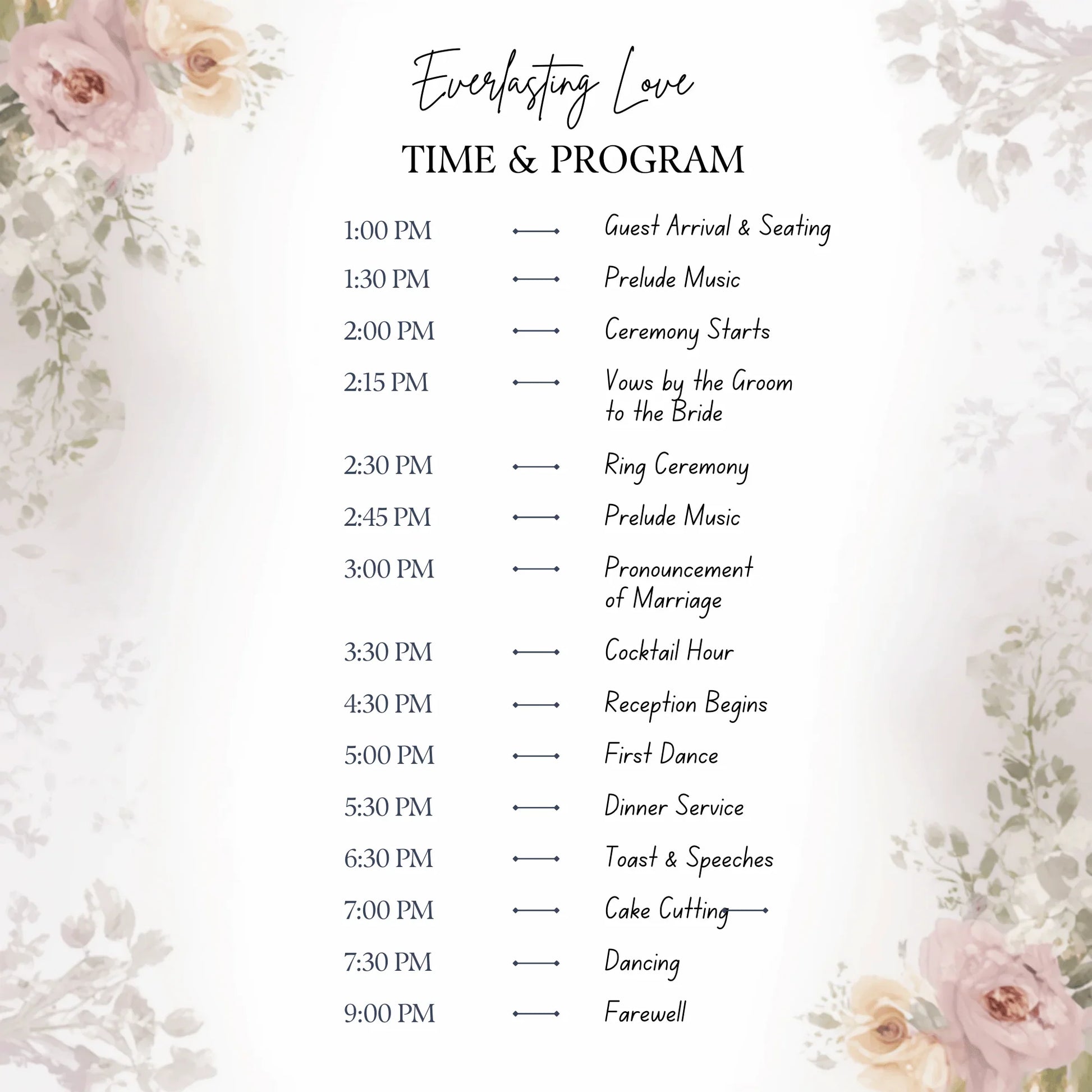 Elegant wedding itinerary with floral border, featuring ceremony and reception events, White Pebble