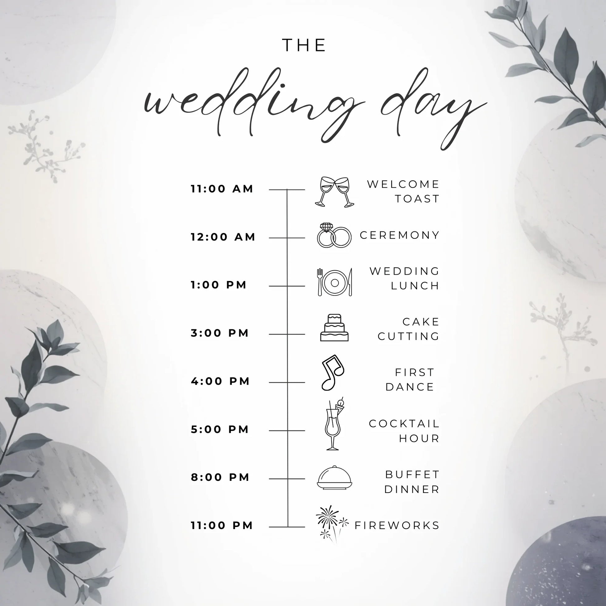 Elegant wedding day itinerary with floral design, showing event schedule and icons on a white background.