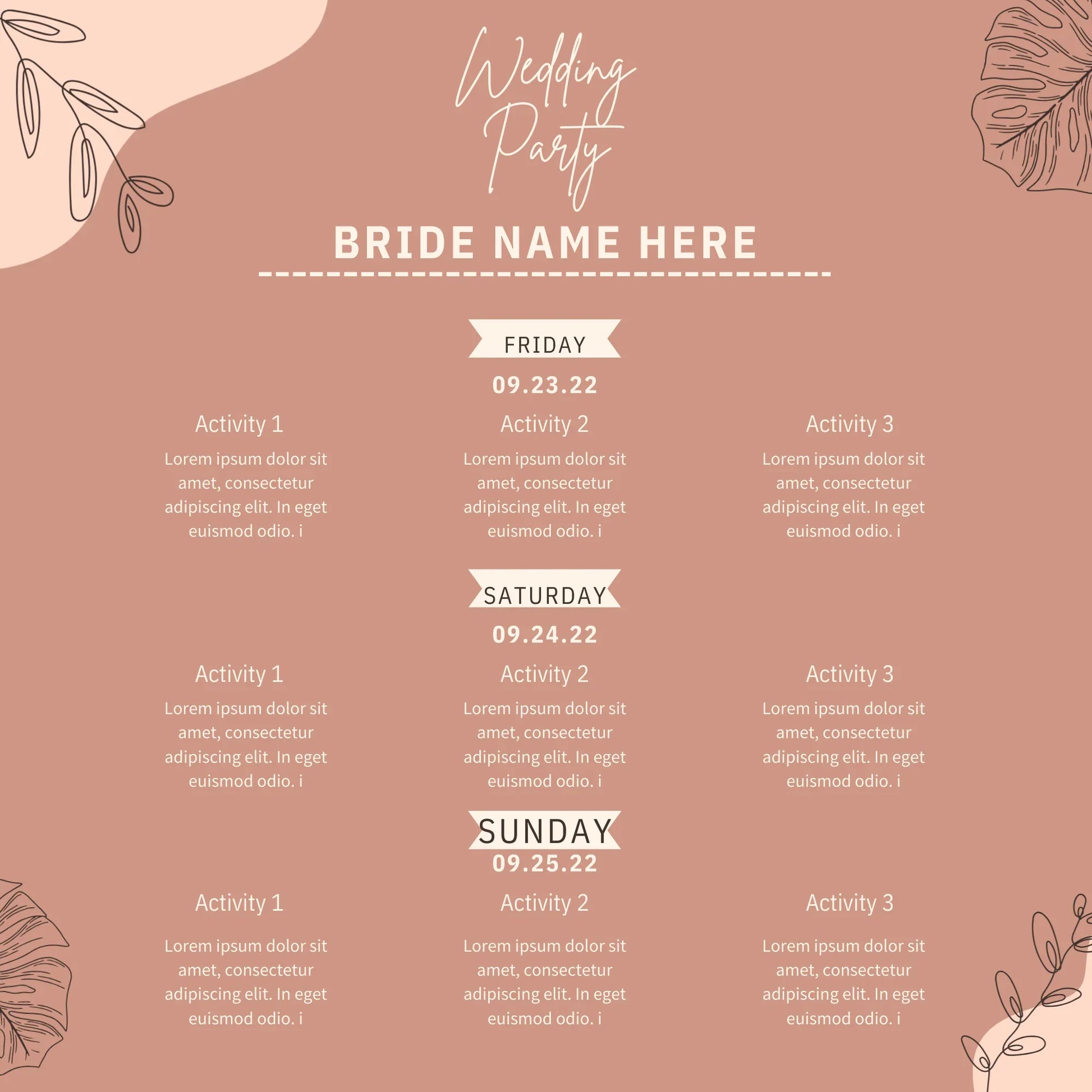 Elegant blush pink wedding itinerary template with floral line art, customizable for brides.