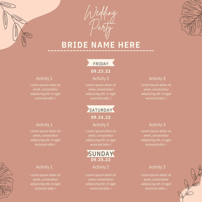 Elegant blush pink wedding itinerary template with floral line art, customizable for brides.