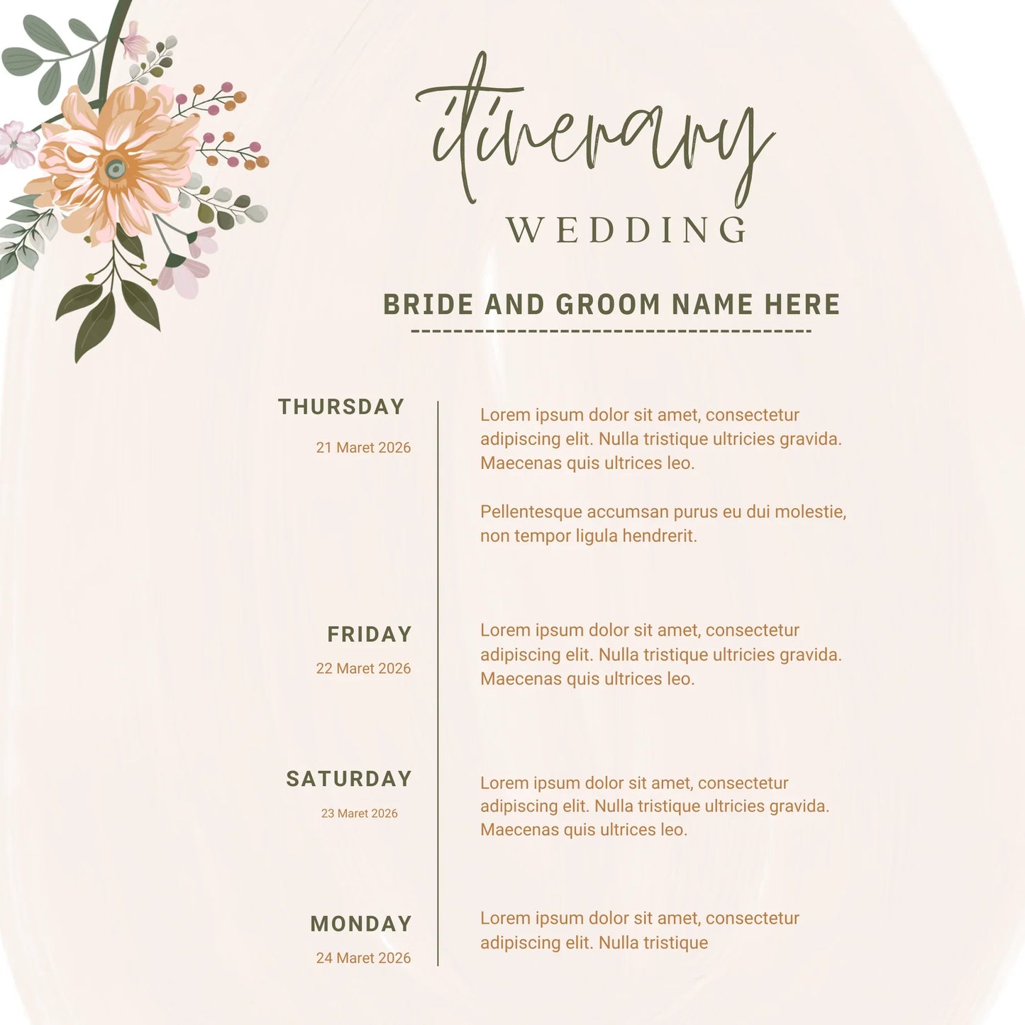 Elegant floral wedding itinerary template with soft pastel background, perfect for premium photo books and personalized gifts from White Pebble.