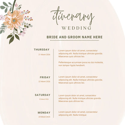 Elegant floral wedding itinerary template with soft pastel background, perfect for premium photo books and personalized gifts from White Pebble.