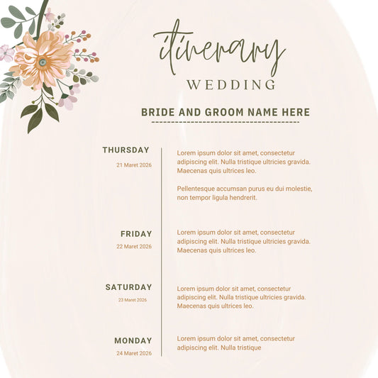 Elegant floral wedding itinerary template with soft pastel background, perfect for premium photo books and personalized gifts from White Pebble.