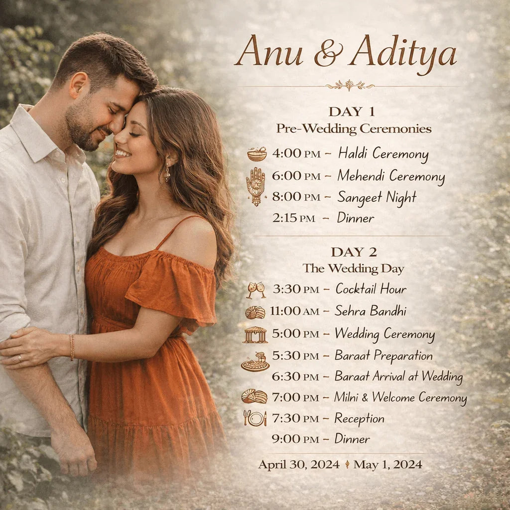 Romantic couple embracing outdoors with elegant wedding itinerary details for Anu & Aditya; premium wedding keepsake.