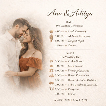 Elegant wedding itinerary card with couple, showcasing Anu & Aditya's pre-wedding and wedding events, White Pebble style.
